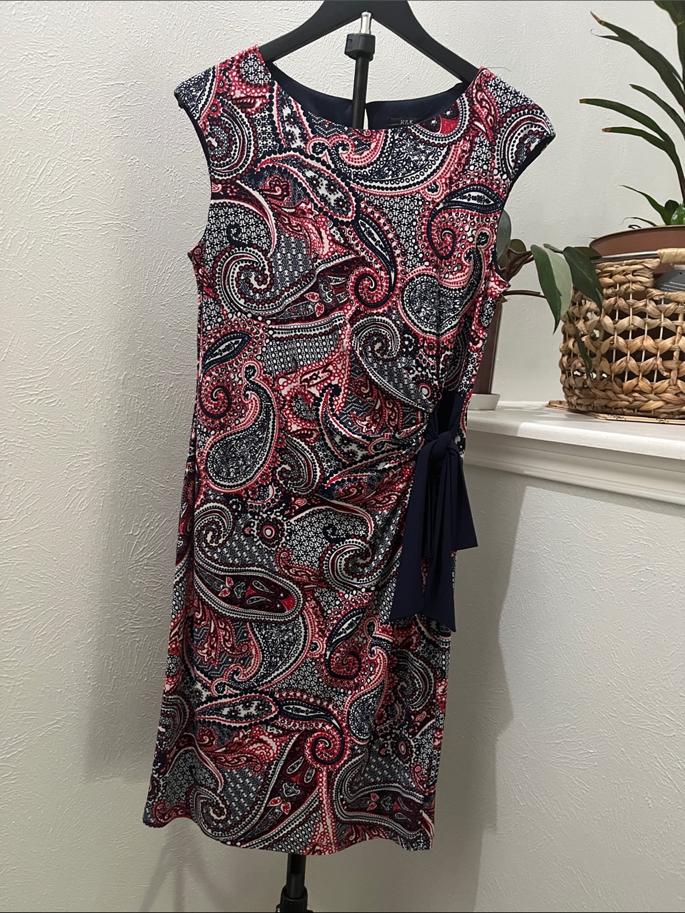 R&K Paisley Midi Sheath Dress in Navy, Red & White